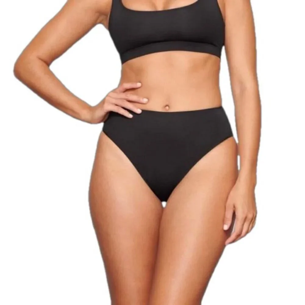 Skims 2X Swim Mid Waist Bottom Cheeky High Cut Side Onyx Black NWT